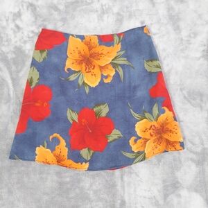 Promod Blue Mini Skirt with Red & Yellow Floral Print